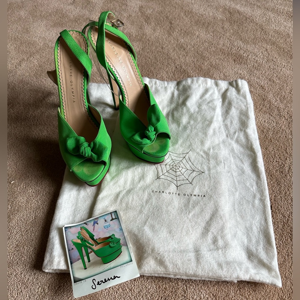 Charlotte Olympia Gren Satin Serena Bow PVC Ankle Strap Platform Sandals Size 39
